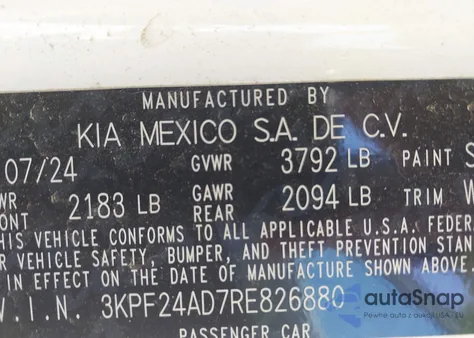 2024 Kia Forte Lxs z USA, uszkodzony, nr VIN 3KPF24AD7RE826880